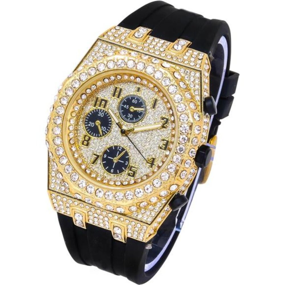NEW Mens Fully Iced Out Black/Gold Watch
